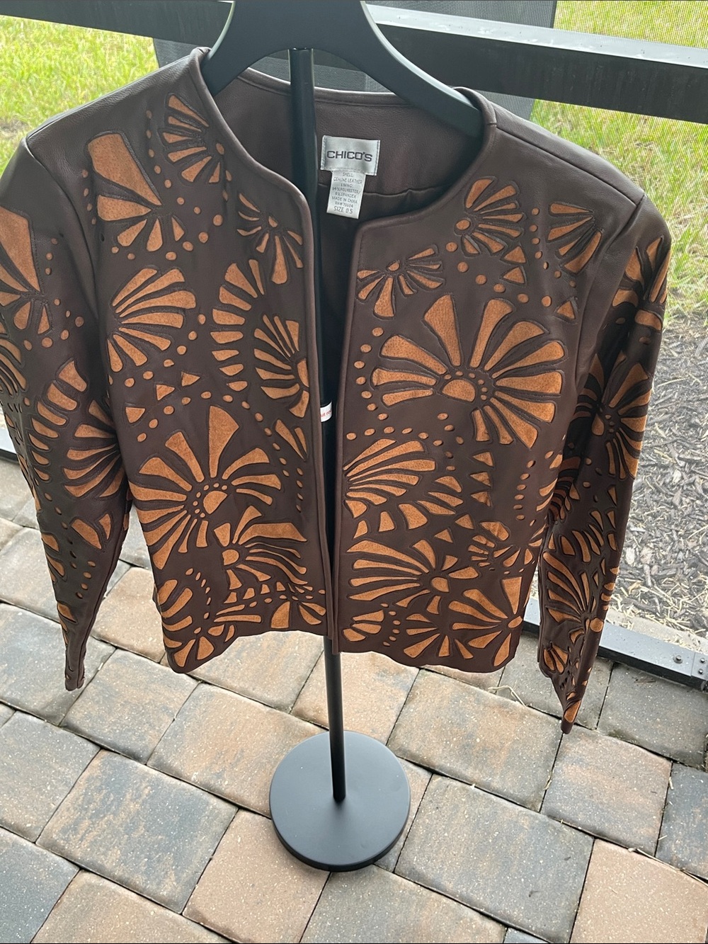 Chico's Brown Jacket with Tan Laser-Cut Floral Panels